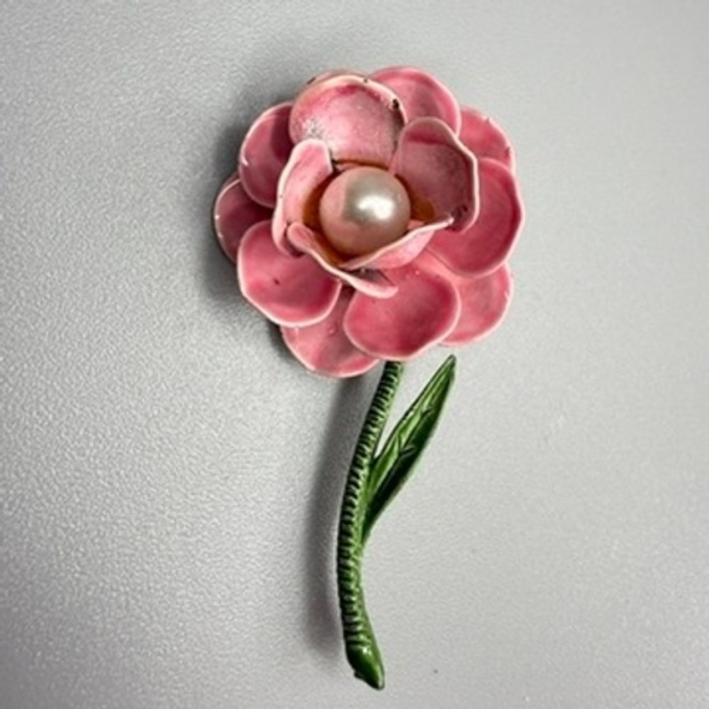 Vintage Enamel Flower Brooch Faux Pearl 2.5"‎ 1960s Feminine Fairy Statement